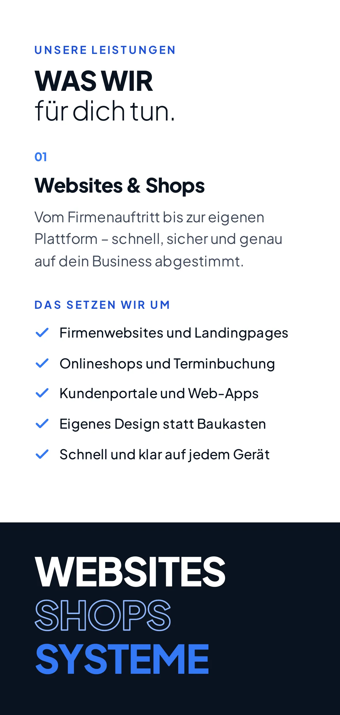 Innenseite links: Unsere Leistungen, Websites und Shops