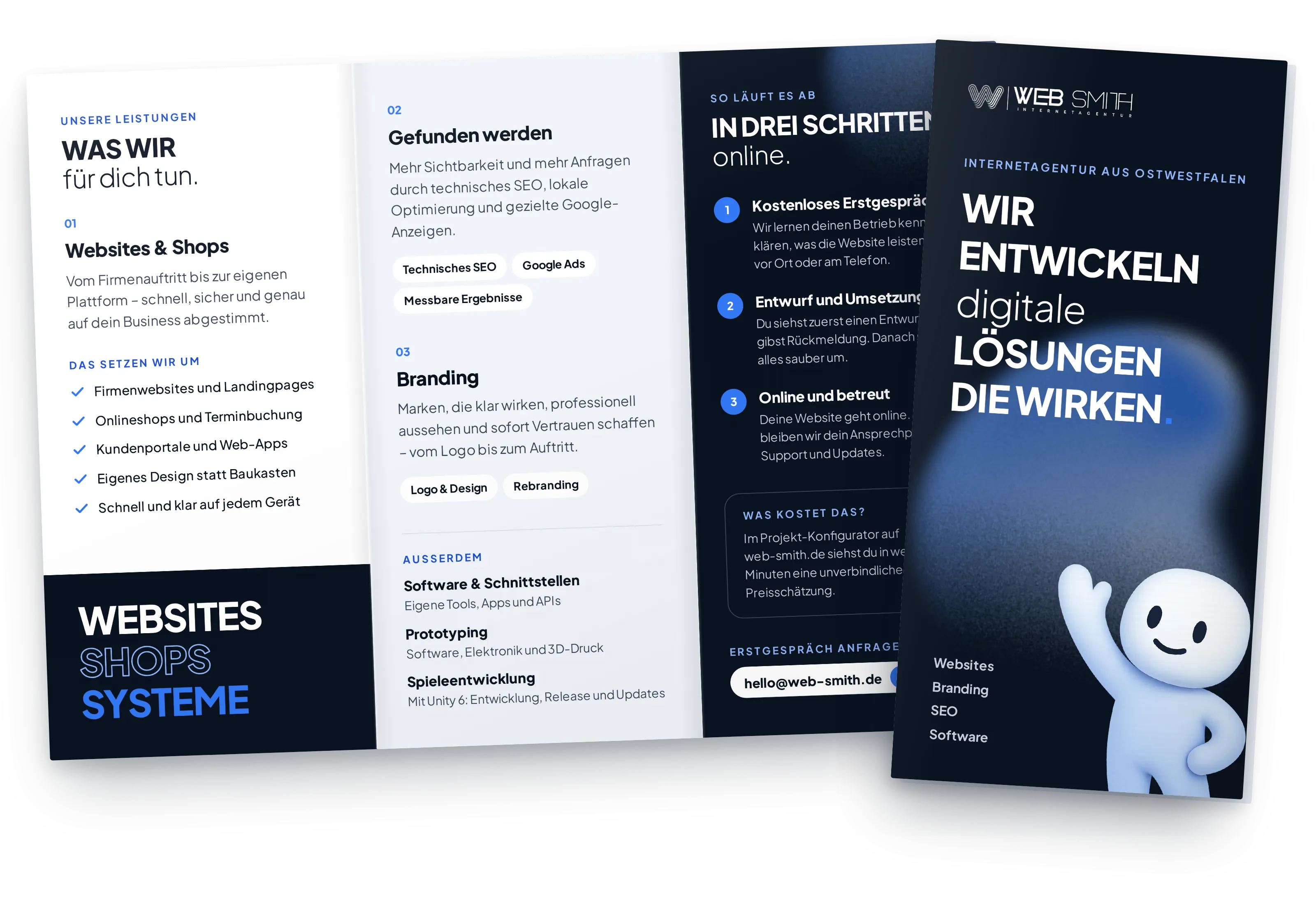 Faltblatt von Web Smith: aufgeklappte Innenseite mit den Leistungen und davor die gefaltete Titelseite