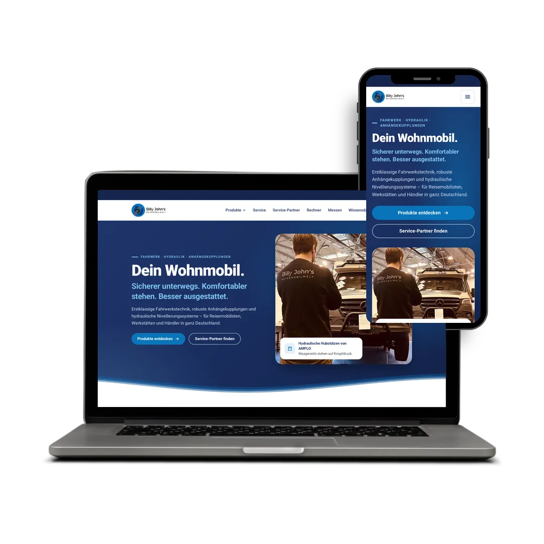 Website von Billy John’s Reisemobilwelt auf Laptop und Smartphone