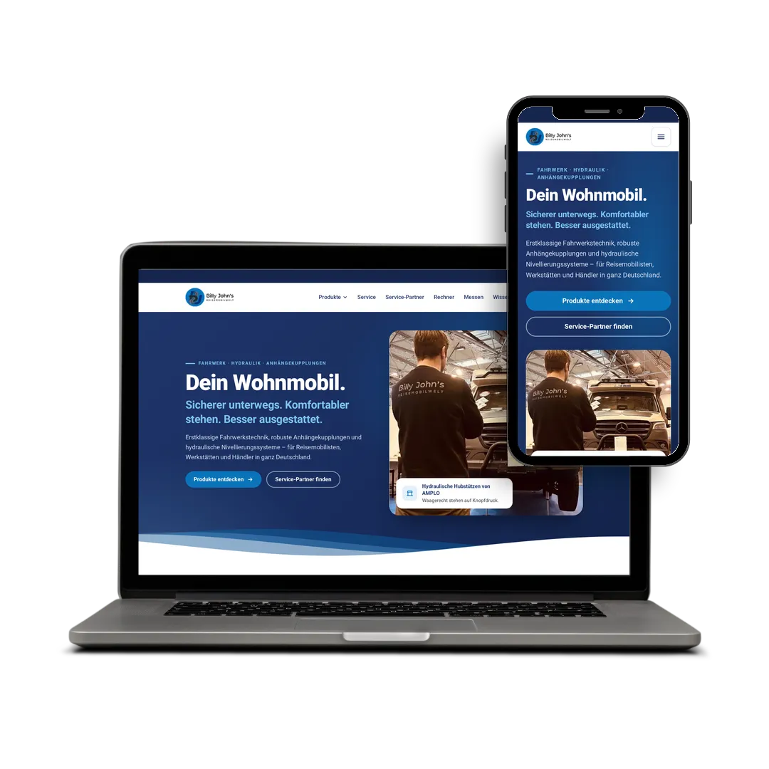 Website von Billy John’s Reisemobilwelt auf Laptop und Smartphone