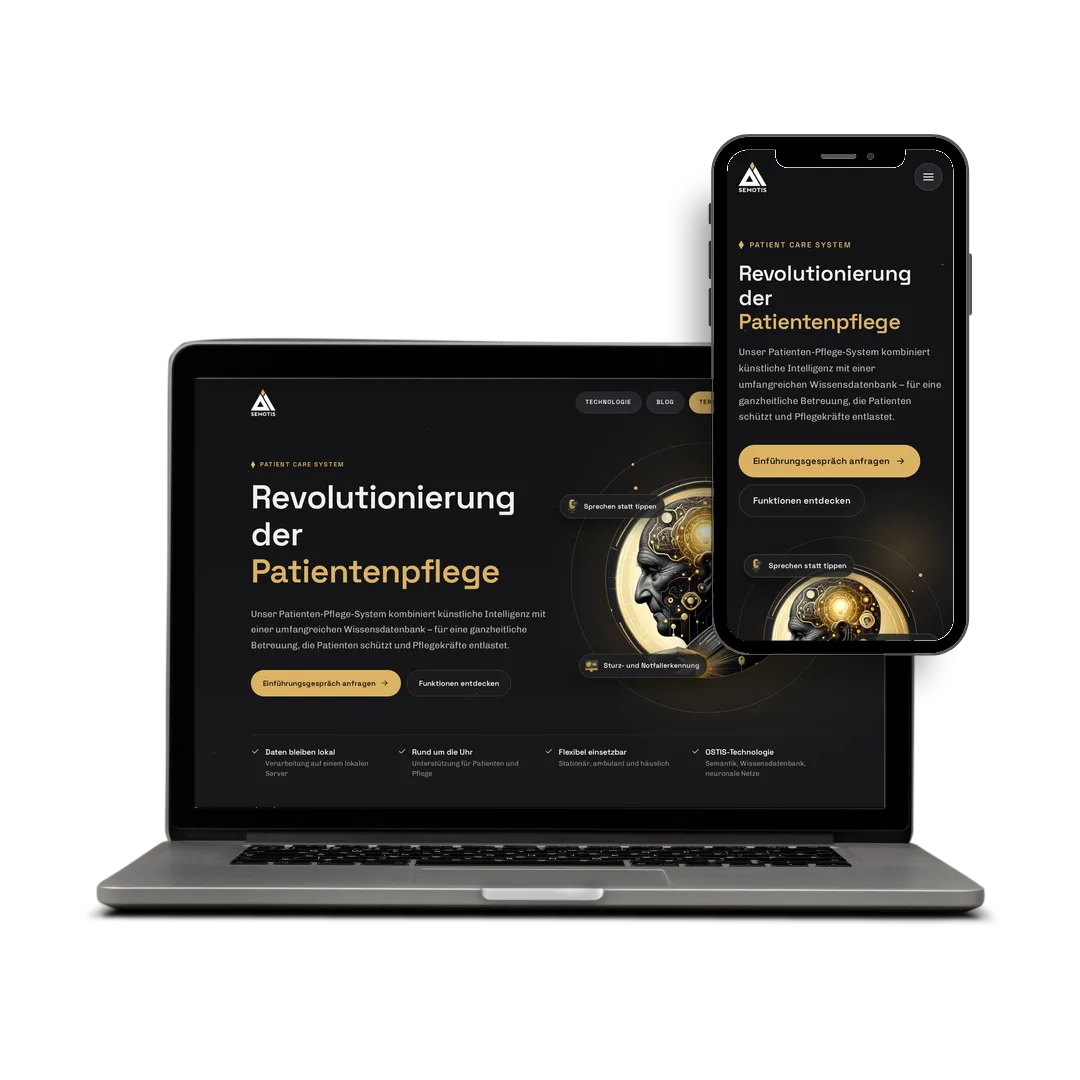 Website von Semotis auf Laptop und Smartphone: Startseite „Revolutionierung der Patientenpflege“