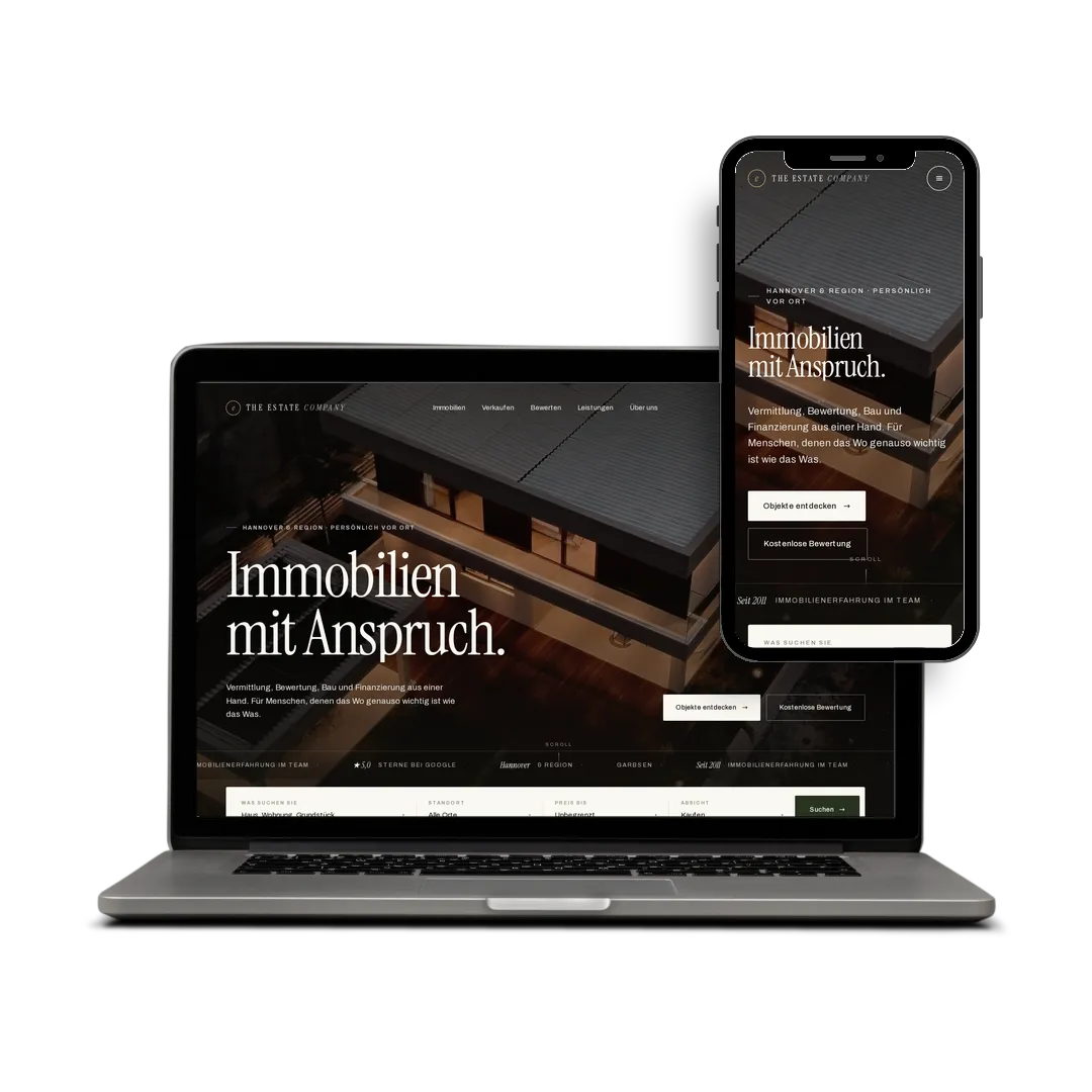 Website von The Estate Company auf Laptop und Smartphone: Startseite „Immobilien mit Anspruch.“