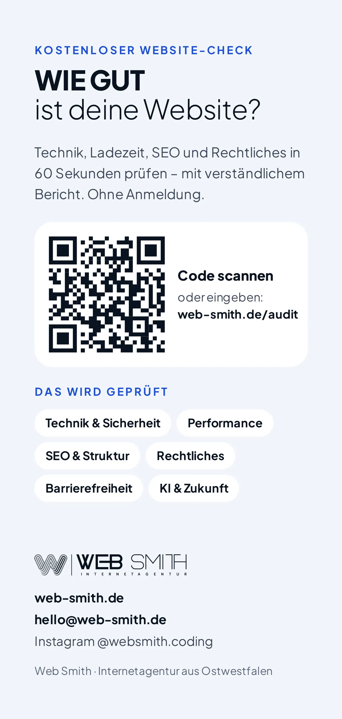 Rückseite: Kostenloser Website-Check mit QR-Code