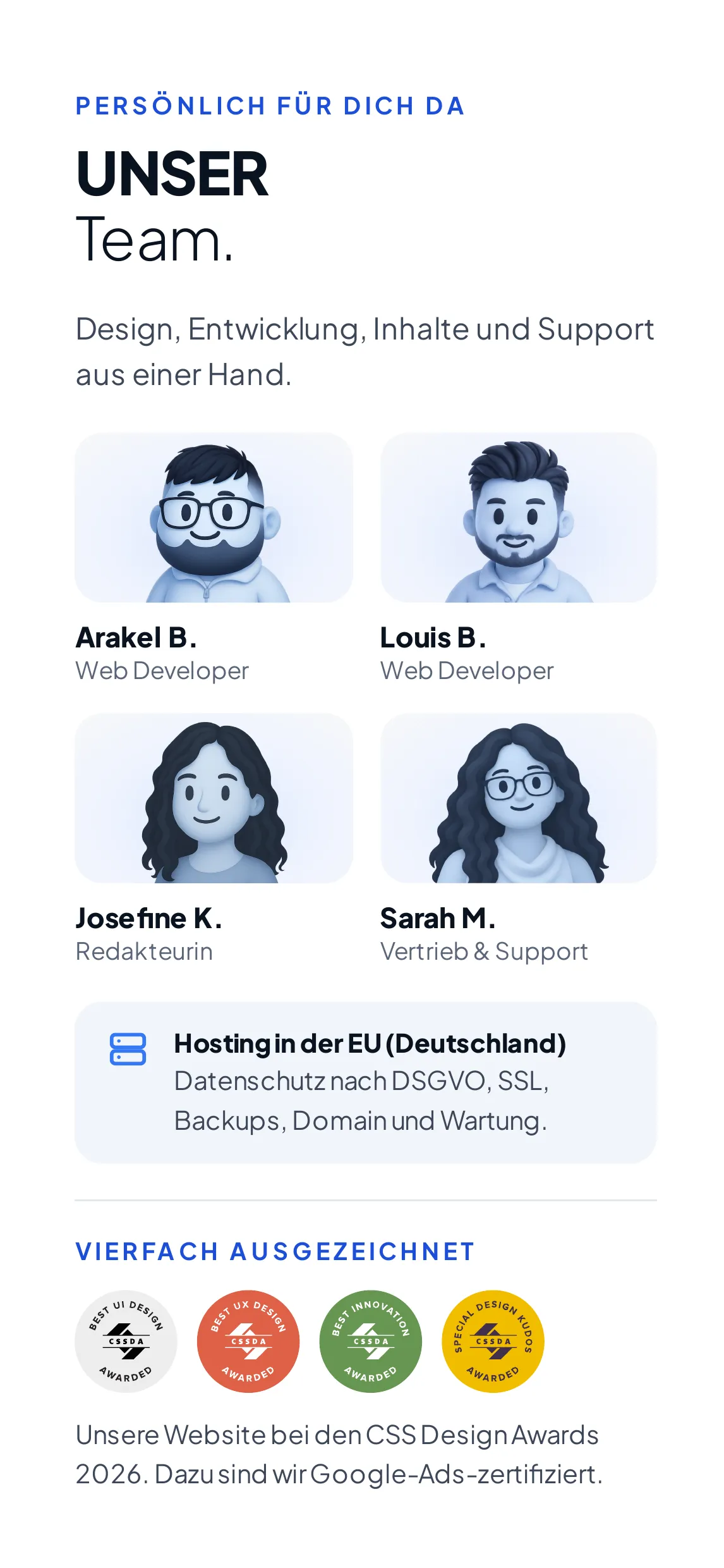 Innenklappe: Unser Team, Hosting in der EU und Auszeichnungen
