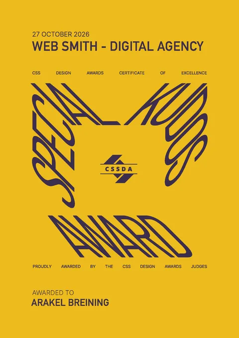 Urkunde der CSS Design Awards für Web Smith: Special Kudos