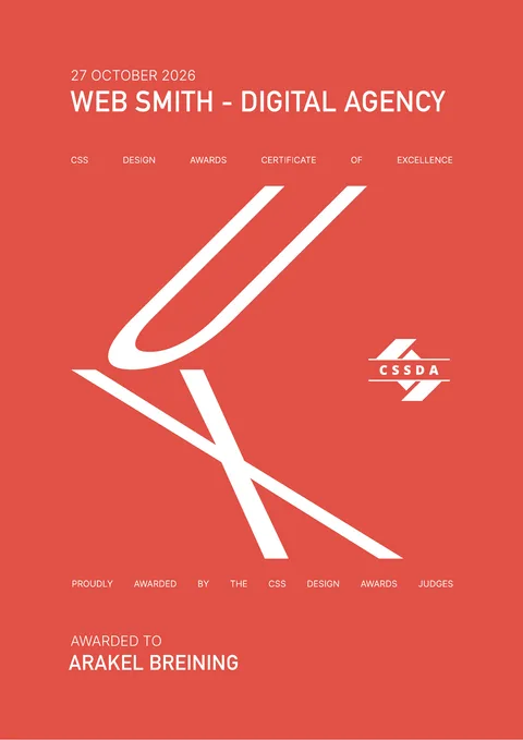 Urkunde der CSS Design Awards für Web Smith: Best UX Design