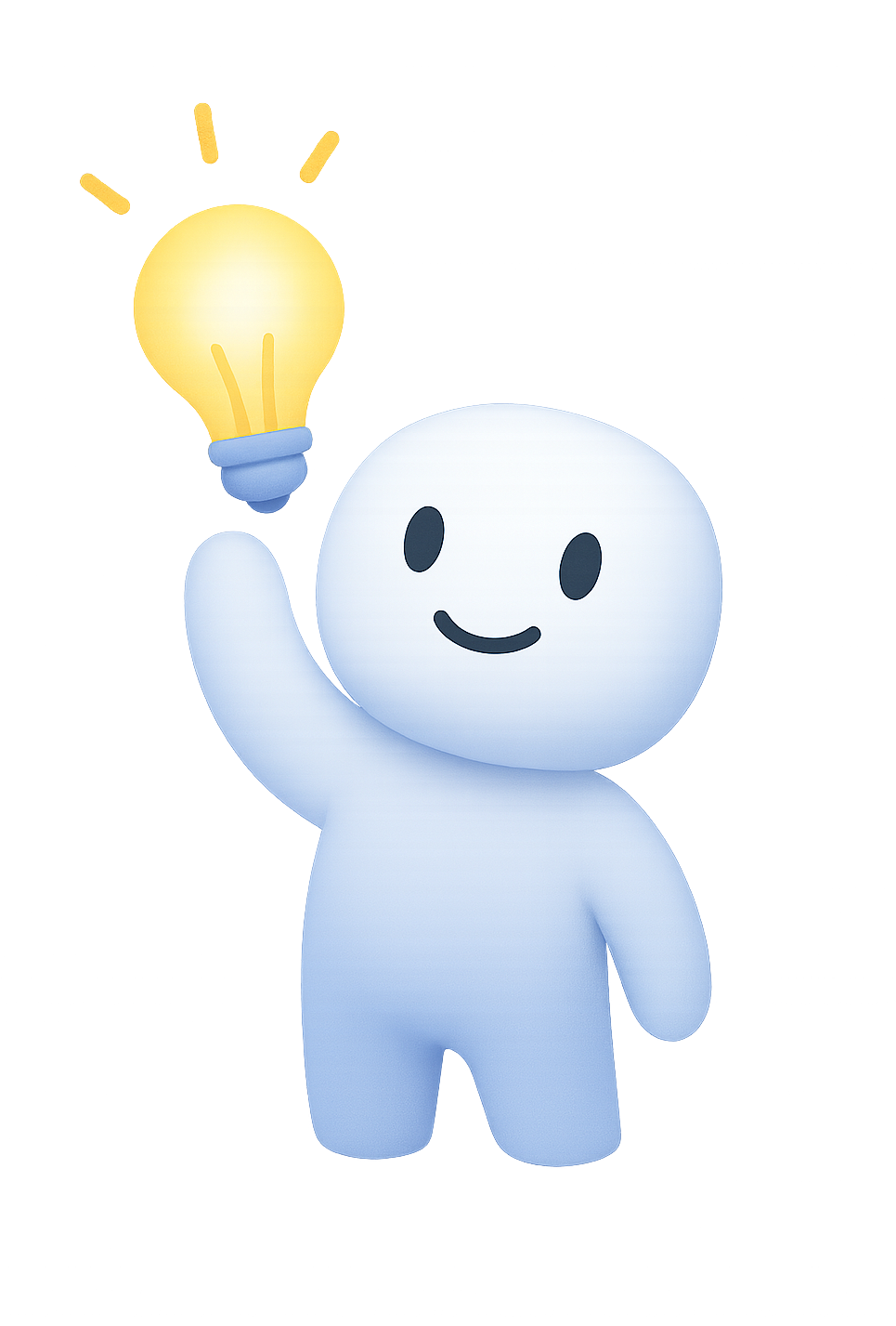 Freundliches, rundes Maskottchen hält eine leuchtende Glühbirne