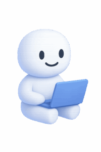 Weißes Maskottchen mit blauem Laptop