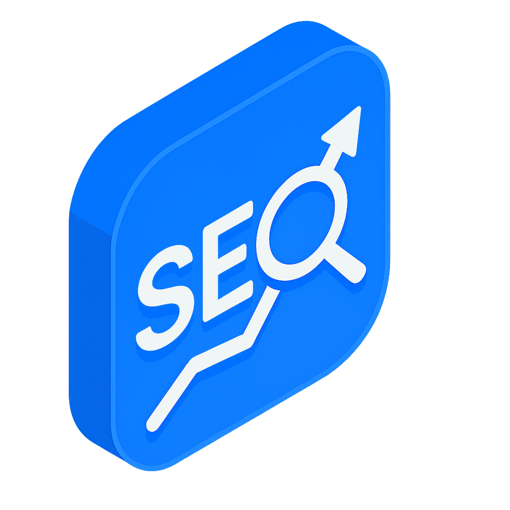 Blaues 3D-Icon mit SEO-Schriftzug, Lupe und aufsteigendem Pfeil