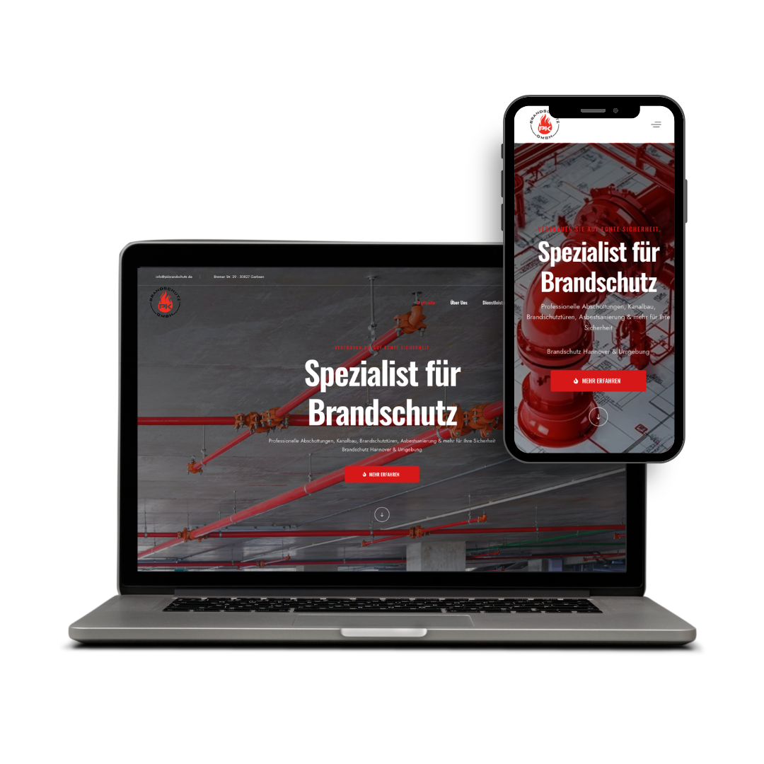 Laptop und Smartphone zeigen Website 'Spezialist für Brandschutz'