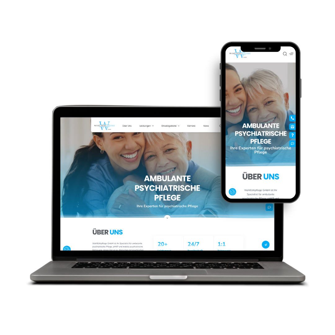 Laptop und Smartphone zeigen Website für psychiatrische Pflege