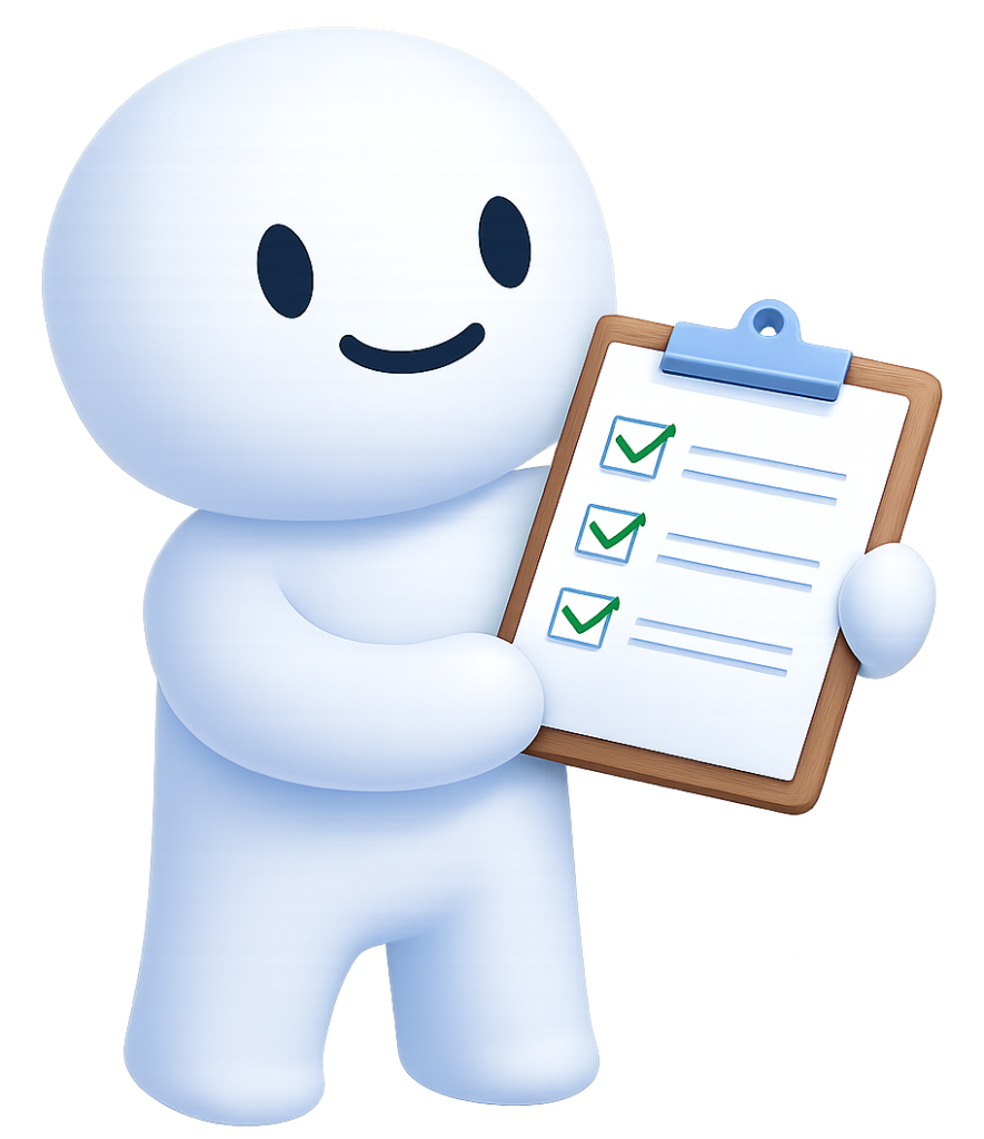 Weißes Maskottchen mit Checkliste